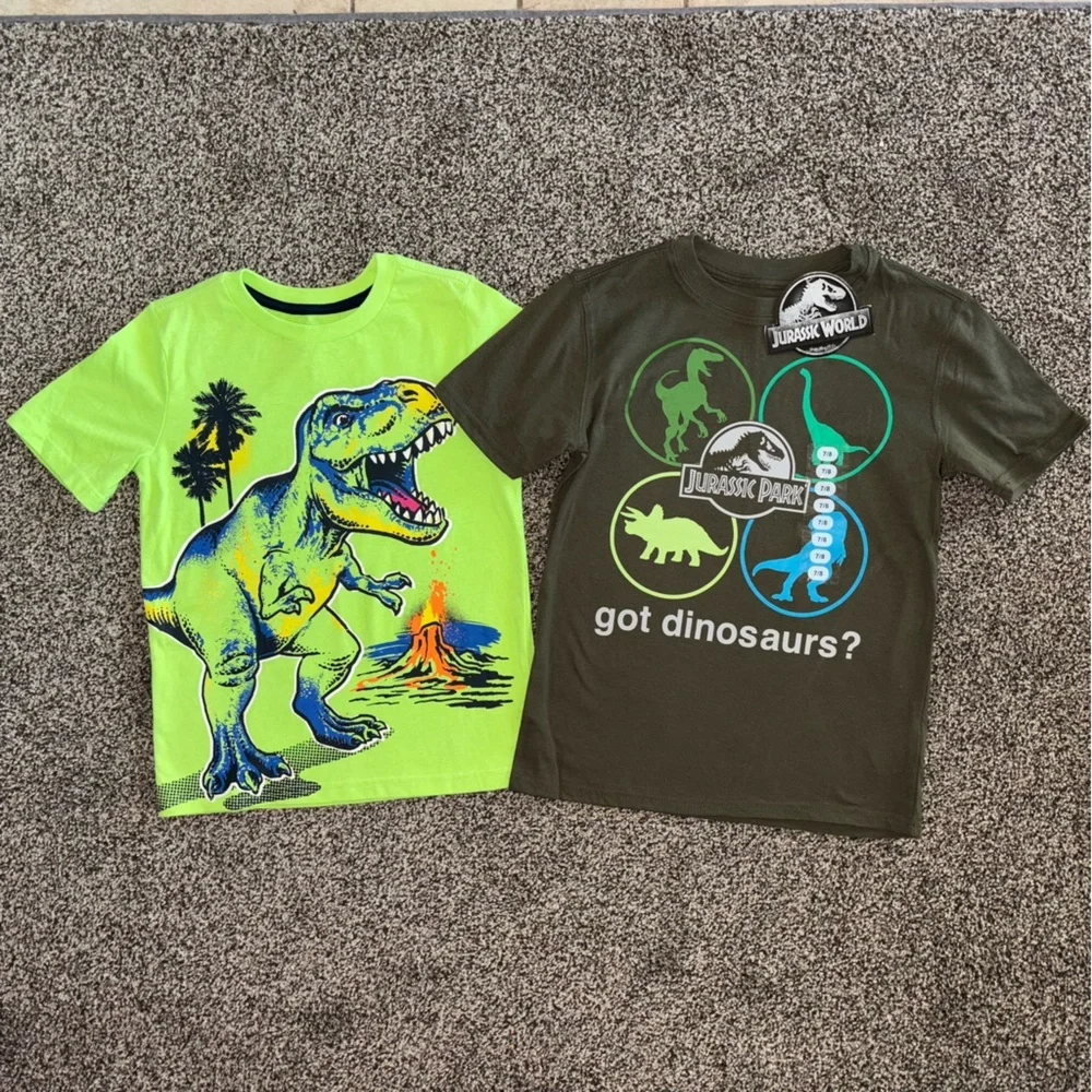 Dinosaur and Jurassic Park Tees -Neon Green & Dark Green Boys Size 7 7/8 Fun Set